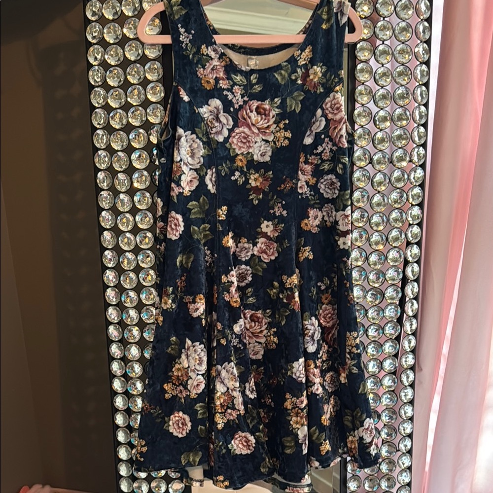 Beautees Navy and Pink Velvet Floral mini Dress Girls size 14